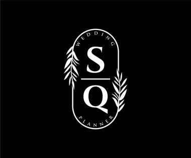 SQ Baş harfleri Düğün monogramı logoları, davetiye kartları için el çizimi modern minimalist ve çiçekli şablonlar, Tarihi Kaydet, restoran, butik, kafe için zarif bir kimlik
