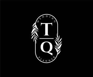 TQ Baş harfleri Düğün monogramı logoları, davetiye kartları için el çizimi modern minimalist ve çiçekli şablonlar, Tarihi Kaydet, restoran, butik, kafe için zarif bir kimlik