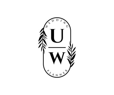 UW Baş harfleri Düğün monogramı logoları, davetiye kartları için el çizimi modern minimalist ve çiçekli şablonlar, Tarihi Kaydet, restoran, butik, kafe için zarif kimlik