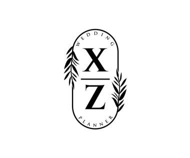 XZ Baş harfleri Düğün monogramı logoları, davetiye kartları için el çizimi modern minimalist ve çiçekli şablonlar, Tarihi Kaydet, restoran, butik, kafe için zarif bir kimlik