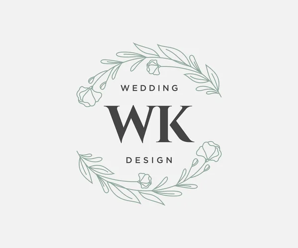 Wk首字母婚礼标志系列 手绘现代简约和花卉模板的邀请卡 保存日期 优雅的餐厅 精品店 咖啡馆在 — 图库矢量图片