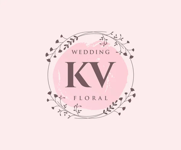 Kv首字母婚礼标志模板 手绘现代简约和花卉模板的邀请卡 保存日期 — 图库矢量图片