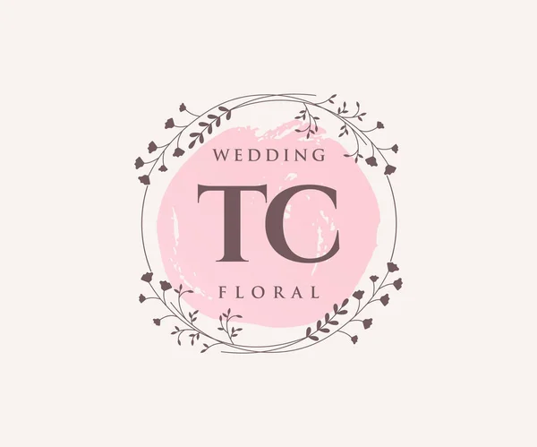Tc首字母婚礼标志模板 手绘现代简约和花卉模板的邀请卡 保存日期 — 图库矢量图片
