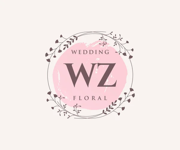 Wz首字母婚礼标志模板 手绘现代简约和花卉模板的邀请卡 保存日期 — 图库矢量图片