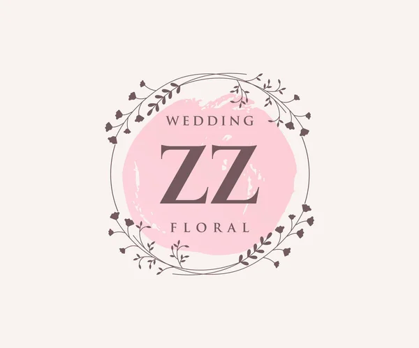 Zz首字母婚礼标志模板 手绘现代简约和花卉模板的邀请卡 保存日期 — 图库矢量图片