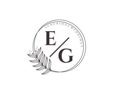 EG Baş harfleri Düğün monogram logoları, el çizimi modern minimalist ve çiçekli şablonlar Davetiye kartları için, Tarihi Kaydet,