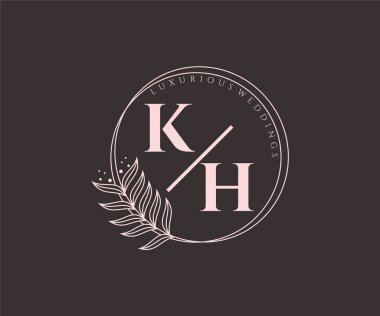 KH Baş harfleri Düğün monogram logoları, el çizimi modern minimalist ve çiçek şablonları Davet kartları için, Tarihi Kaydet,