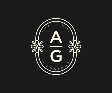 AG Baş harfleri Düğün logoları şablonu, el çizimi modern minimalist ve çiçek şablonları Davet kartları için, Tarihi Kaydet,