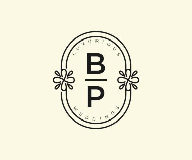 BP Baş harfleri Düğün logoları şablonu, el çizimi modern minimalist ve çiçek şablonları Davet kartları için, Tarihi Kaydet, zarif