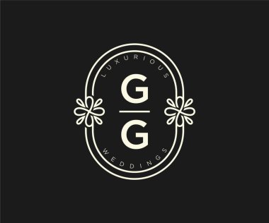 GG Baş harfleri Düğün logoları şablonu, el çizimi modern minimalist ve çiçek şablonları Davet kartları için, Tarihi Kaydet,