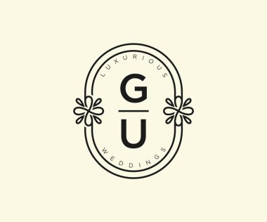 GU Baş harfleri Düğün logoları şablonu, el çizimi modern minimalist ve çiçek şablonları Davet kartları için, Tarihi Kaydet,