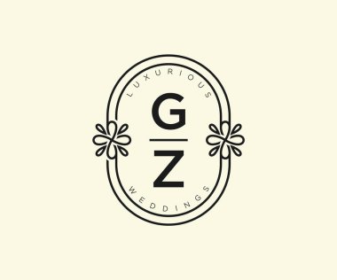 GZ Baş harfleri Düğün logoları şablonu, el çizimi modern minimalist ve çiçek şablonları Davet kartları için, Tarihi Kaydet,
