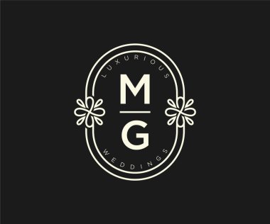 MG Baş harfleri Düğün logoları şablonu, el çizimi modern minimalist ve çiçek şablonları Davet kartları için, Tarihi Kaydet,