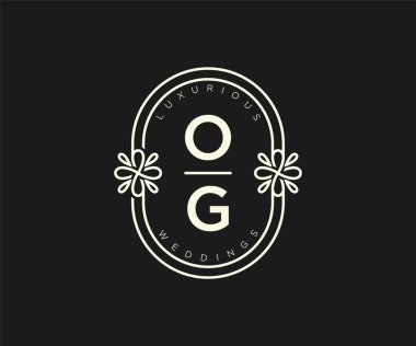 OG Baş harfleri Düğün logoları şablonu, el çizimi modern minimalist ve çiçek şablonları Davet kartları için, Tarihi Kaydet,