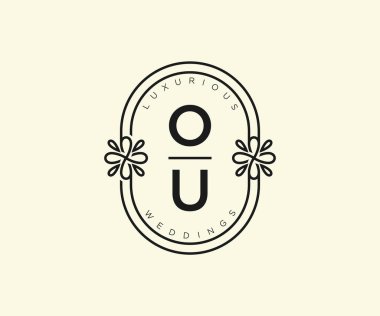 OU Baş harfleri Düğün logoları şablonu, el çizimi modern minimalist ve çiçek şablonları Davetiye kartları için, Tarihi Kaydet,