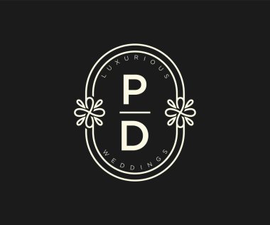 PD Baş harfleri Düğün monogram logoları, el çizimi modern minimalist ve çiçek şablonları Davetiye kartları için, Tarihi Kaydet, Zarif