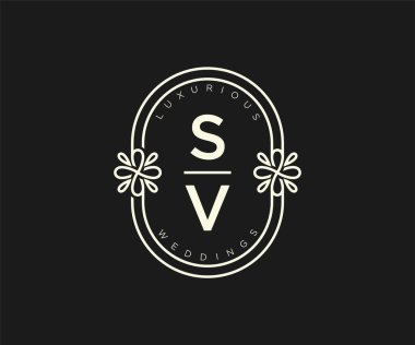 SV Baş harfleri Düğün monogram logoları, el çizimi modern minimalist ve çiçekli şablonlar Davetiye kartları için, Tarihi Kaydet,