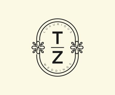 TZ Baş harfleri Düğün logoları şablonu, el çizimi modern minimalist ve çiçek şablonları Davetiye kartları için, Tarihi Kaydet,