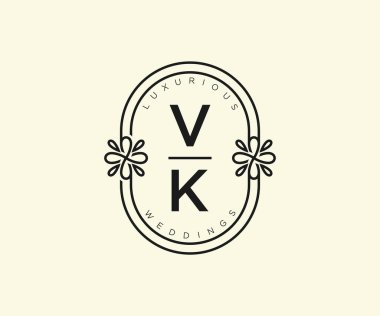 VK Baş harfleri Düğün monogram logoları, el çizimi modern minimalist ve çiçekli şablonlar Davetiye kartları için, Tarihi Kaydet,