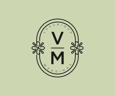 VM Baş harfleri Düğün monogram logoları, el çizimi modern minimalist ve çiçekli şablonlar Davetiye kartları için, Tarihi Kaydet,