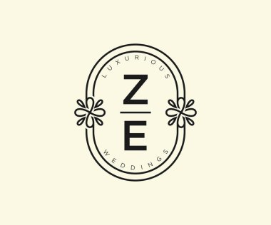 ZE Baş harfleri Düğün monogram logoları, el çizimi modern minimalist ve çiçekli şablonlar Davetiye kartları için, Tarihi Kaydet,