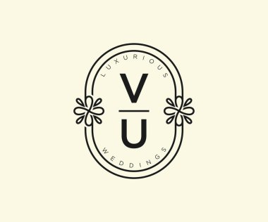 VU Baş harfleri Düğün monogram şablonu, el çizimi modern minimalist ve çiçek şablonları Davetiye kartları için, Tarihi Kaydet,