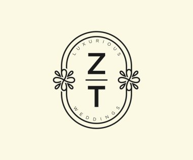 ZT Baş harfleri Düğün monogram logoları, el çizimi modern minimalist ve çiçek şablonları Davetiye kartları için, Tarihi Kaydet,
