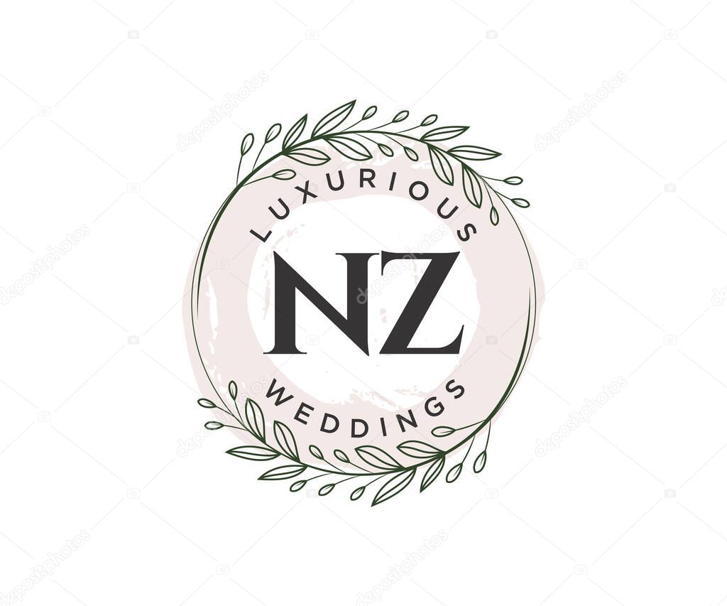 NZ Initials letter Wedding monogram logos template, hand drawn modern minimalistic and floral templates for Invitation cards, Save the Date, elegant