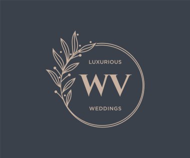 WV Baş harfleri Düğün monogram logoları, el çizimi modern minimalist ve çiçek şablonları Davetiye kartları için, Tarihi Kaydet,