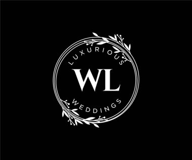 WL Baş harfleri Düğün baş harfleri logo şablonu, el çizimi modern minimalist ve çiçek şablonları Davet kartları için, Tarihi Kaydet,