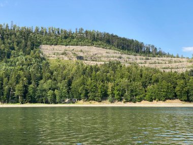 Fuzine 'deki yapay rezervuar Gölü' nün yanındaki Dağ Karışık Ormanı - Goranska mjesovita suma uz akumulacijsko Jezero Bajer na rijeci Licanki, Fuzine - Gorski kotar, Hrvatska)