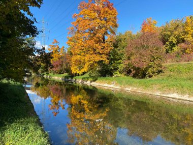 Glatt Nehri boyunca sonbaharın başlarında Zürih (Zuerich), Wallisellen - İsviçre (Schweiz)