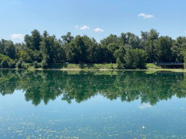 Yaz boyunca Jarun Gölü ve Hırvat Gençlik Adası 'nda kürek çeken Zagreb - Hırvatistan (Veslacka staza na jezeru Jarun i Otok hrvatske mladezi tijekom ljeta (RSC Jarun), Zagreb - Hrvatska)