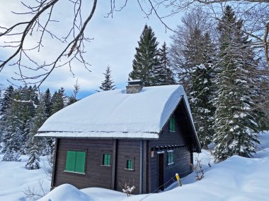 İsviçre dağ kulübeleri kışlık giysiler içinde ve Alpstein dağ sırasının yamaçlarında taze bir kar örtüsüyle Schwaegalp, İsviçre (Schweiz)