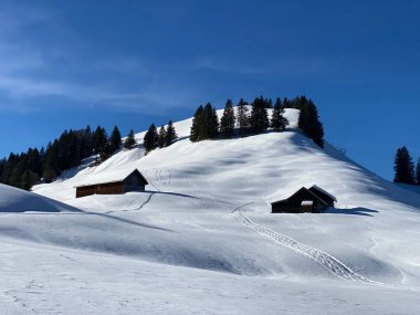İsviçre dağ kulübeleri kışlık giysiler içinde ve Alpstein dağ sırasının yamaçlarında taze bir kar örtüsüyle Schwaegalp, İsviçre (Schweiz)