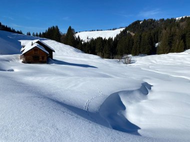 İsviçre dağ kulübeleri kışlık giysiler içinde ve Alpstein dağ sırasının yamaçlarında taze bir kar örtüsüyle Schwaegalp, İsviçre (Schweiz)