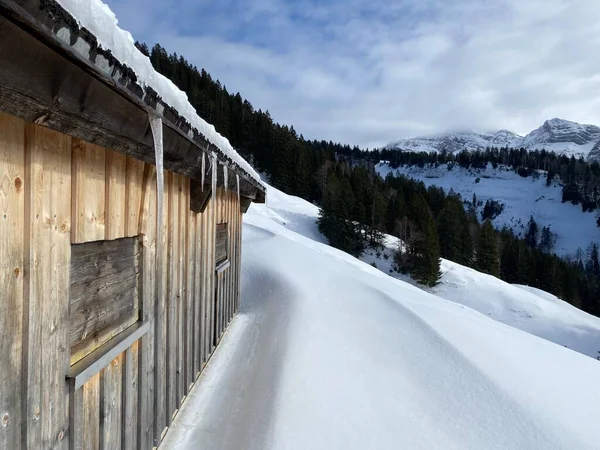 冬の服を着た牧歌的なスイスの高山の山小屋とアルプスシュタイン山脈の斜面の新鮮な雪のカバー マウンテンパス シュヴァーゲガルプ スイス スイス — ストック写真