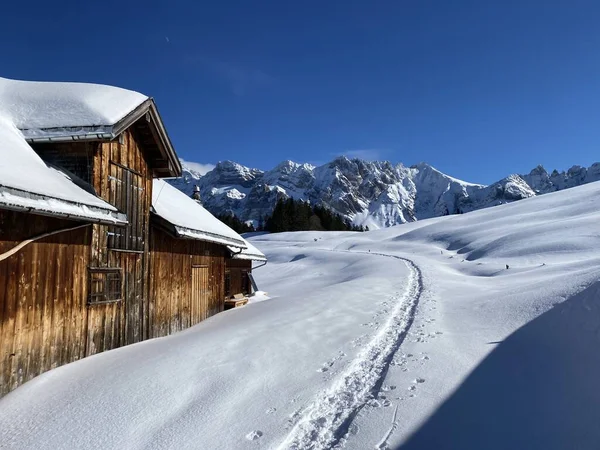 슈타인 사면에 스위스 바이츠 바이츠 산길을 새롭게 눈덮인 스위스의 오두막 — 스톡 사진