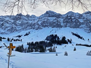 İsviçre 'nin Schwaegalp dağ geçidi, İsviçre' deki Alpstein kalabalığının sakin kış atmosferinde gezinme işaretleri ve yön işaretleri (Schweiz)