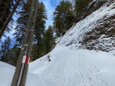 İsviçre 'nin Schwaegalp dağ geçidi, İsviçre' deki Alpstein kalabalığının sakin kış atmosferinde gezinme işaretleri ve yön işaretleri (Schweiz)