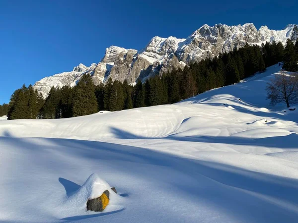 スイスアルプスのアルプス山脈の牧歌的な冬の雰囲気をナビゲートするための標識やオリエンテーション標識 シュヴァーゲガルプ峠 スイス スイス — ストック写真