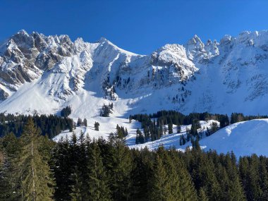 Apenzell Alpleri 'nde kar kaplı Alpstein Dağı' nda kış havası ve güzel, huzurlu bir atmosfer.)