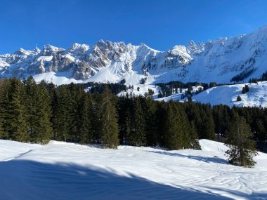 Apenzell Alpleri 'nde kar kaplı Alpstein Dağı' nda kış havası ve güzel, huzurlu bir atmosfer.)