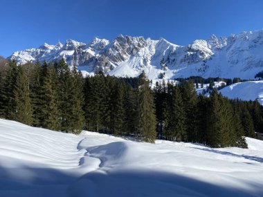 Apenzell Alpleri 'nde kar kaplı Alpstein Dağı' nda kış havası ve güzel, huzurlu bir atmosfer.)