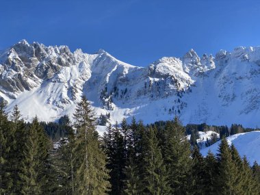 Apenzell Alpleri 'nde kar kaplı Alpstein Dağı' nda kış havası ve güzel, huzurlu bir atmosfer.)