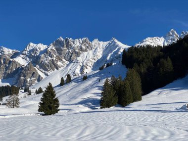 Apenzell Alpleri 'nde kar kaplı Alpstein Dağı' nda kış havası ve güzel, huzurlu bir atmosfer.)