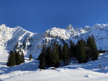 Apenzell Alpleri 'nde kar kaplı Alpstein Dağı' nda kış havası ve güzel, huzurlu bir atmosfer.)