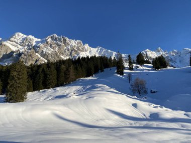 Apenzell Alpleri 'nde kar kaplı Alpstein Dağı' nda kış havası ve güzel, huzurlu bir atmosfer.)
