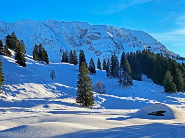 Apenzell Alpleri 'nde kar kaplı Alpstein Dağı' nda kış havası ve güzel, huzurlu bir atmosfer.)