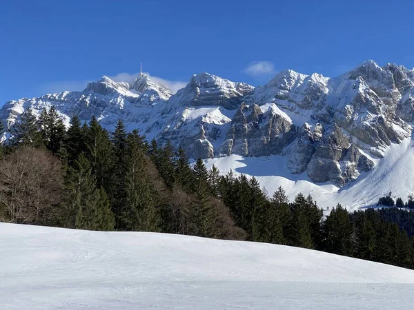 Apenzell Alpleri 'nde kar kaplı Alpstein Dağı' nda kış havası ve güzel, huzurlu bir atmosfer.)